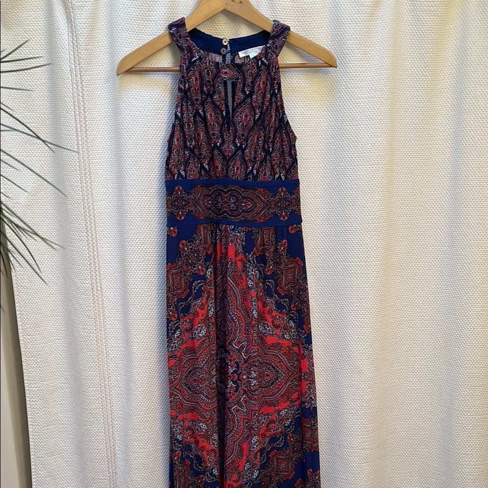 London Times Blue and Red Halter Maxi Dress